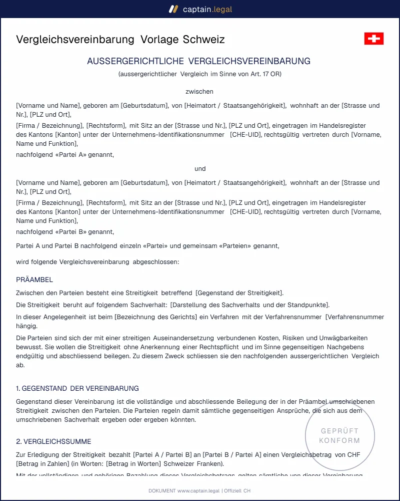 Aussergerichtliche Einigung erstellen | Vergleich nach OR