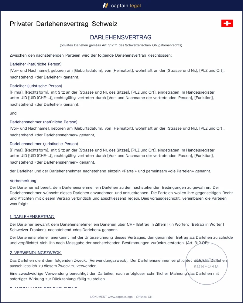 Darlehensvertrag Vorlage Schweiz | Privat, Zins & Frist