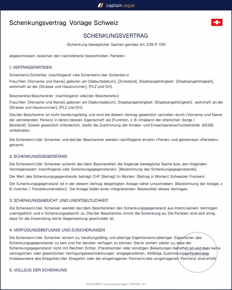 Schenkungsvertrag erstellen: Vorlage Schweiz (PDF/Word)
