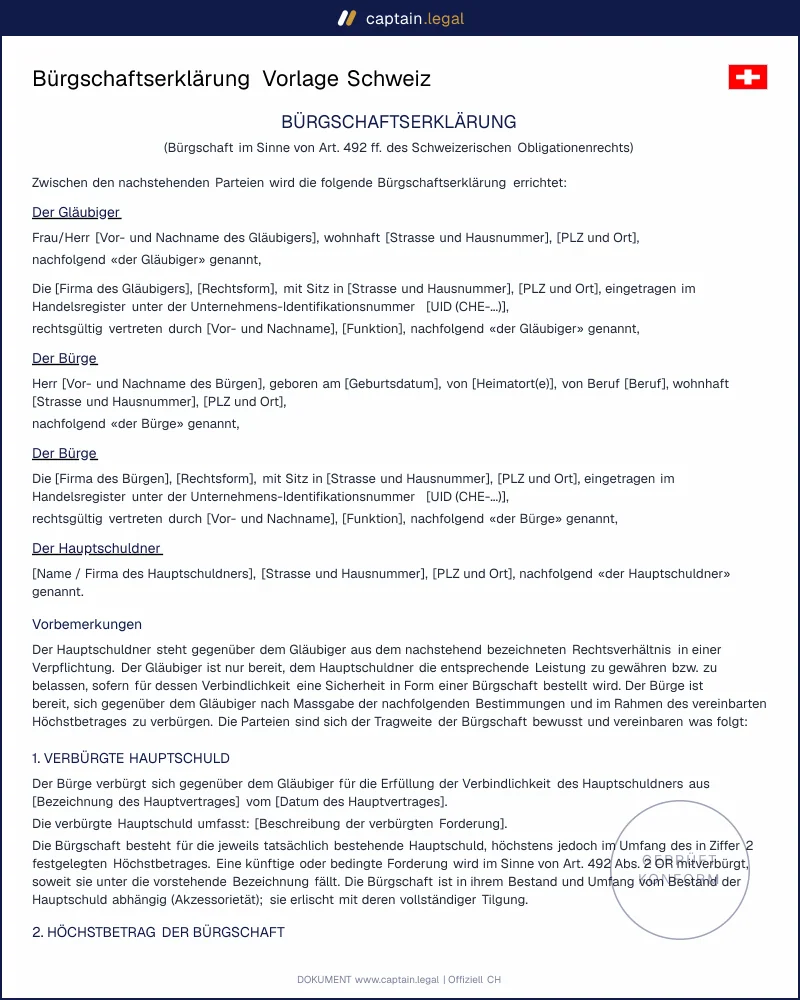 Bürgschaftserklärung erstellen | Vorlage Schweiz (PDF/Word)