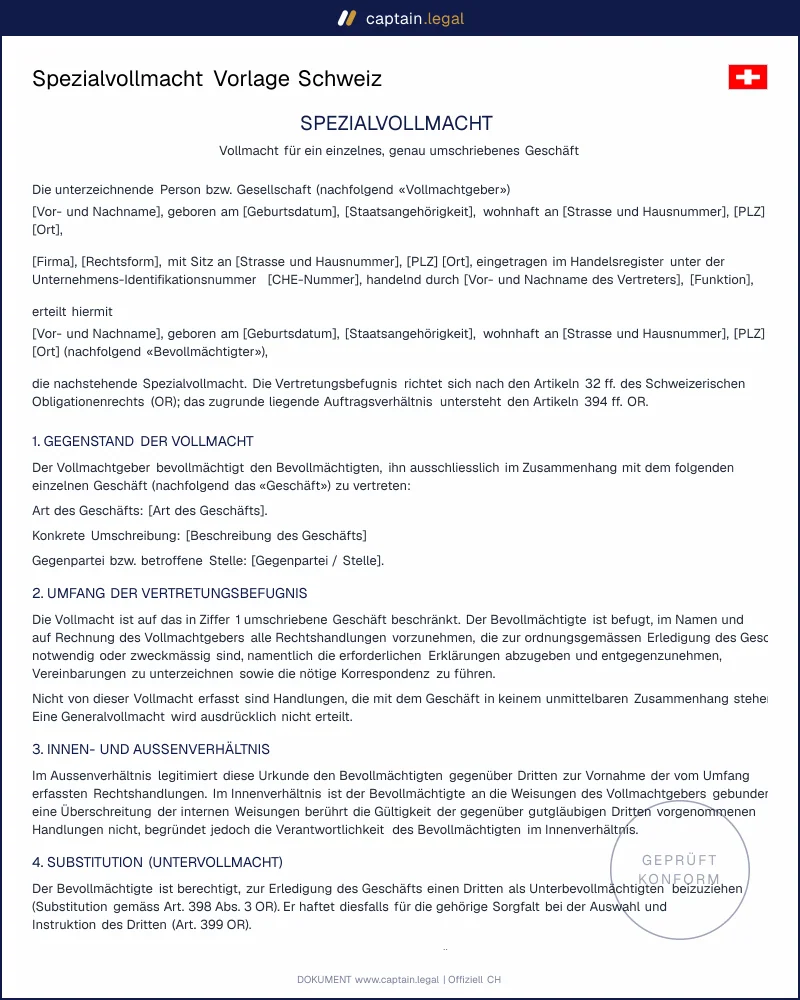 Spezialvollmacht erstellen: rechtssicher & widerrufbar nach OR