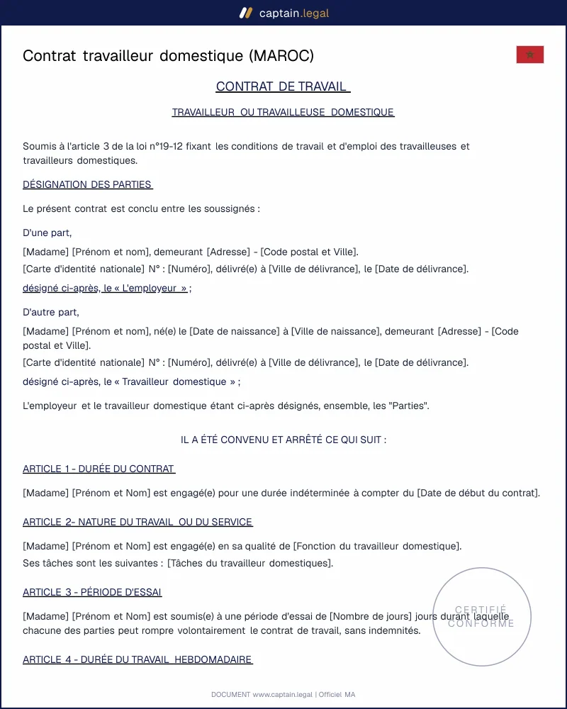 Contrat de travailleur domestique au Maroc