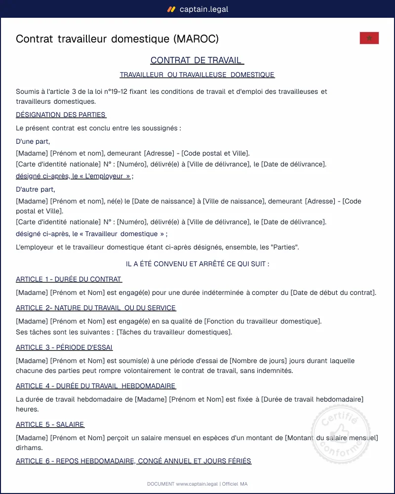 Contrat de travailleur domestique au Maroc