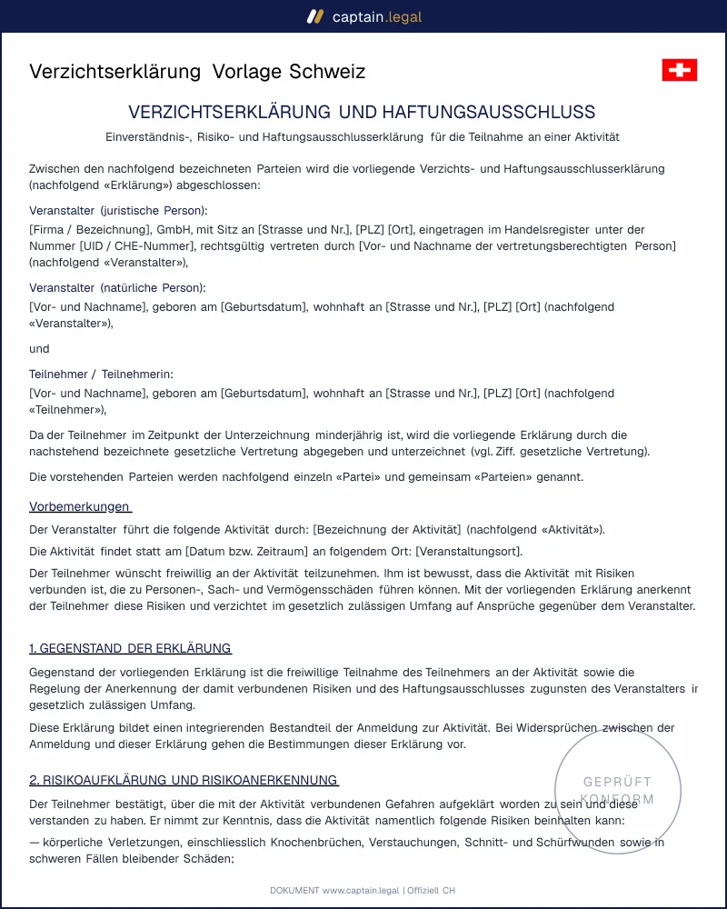 Haftungsausschluss Vorlage: Verzichtserklärung nach OR
