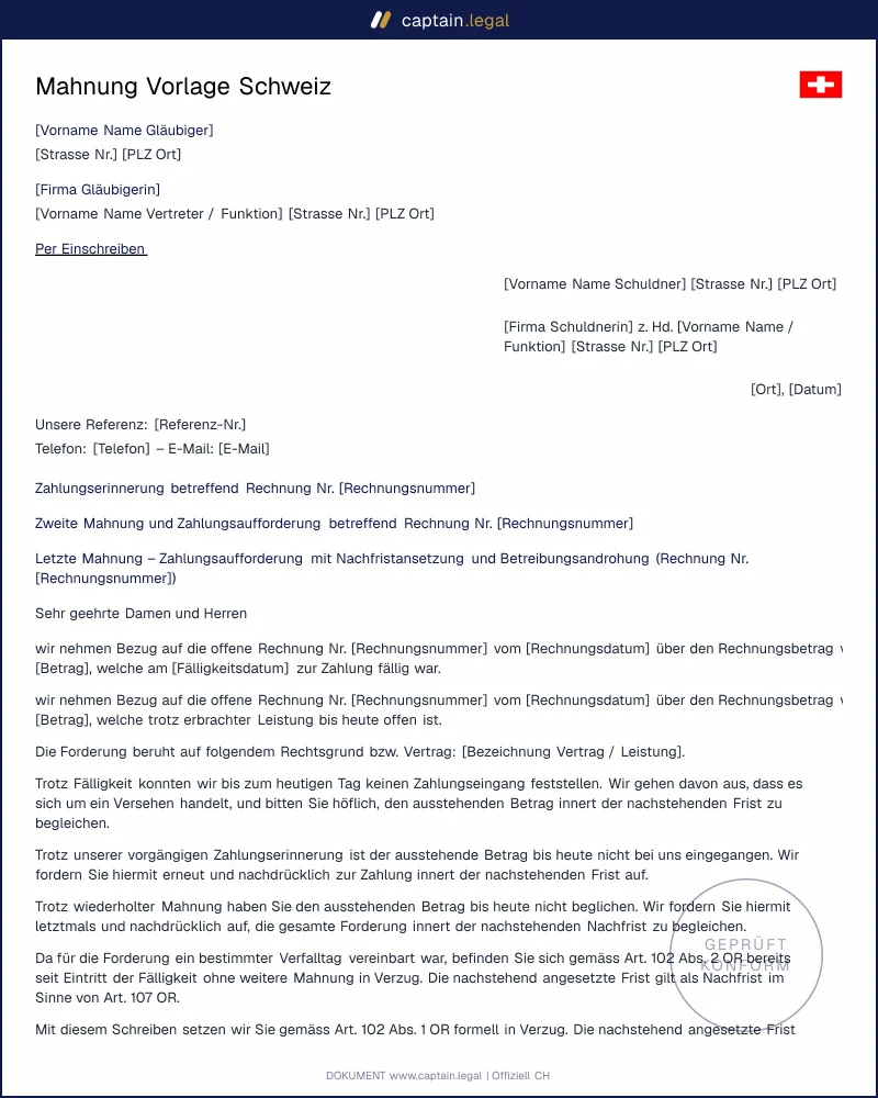 Mahnung schreiben Schweiz | Vorlage mit Fristsetzung (PDF/Word)