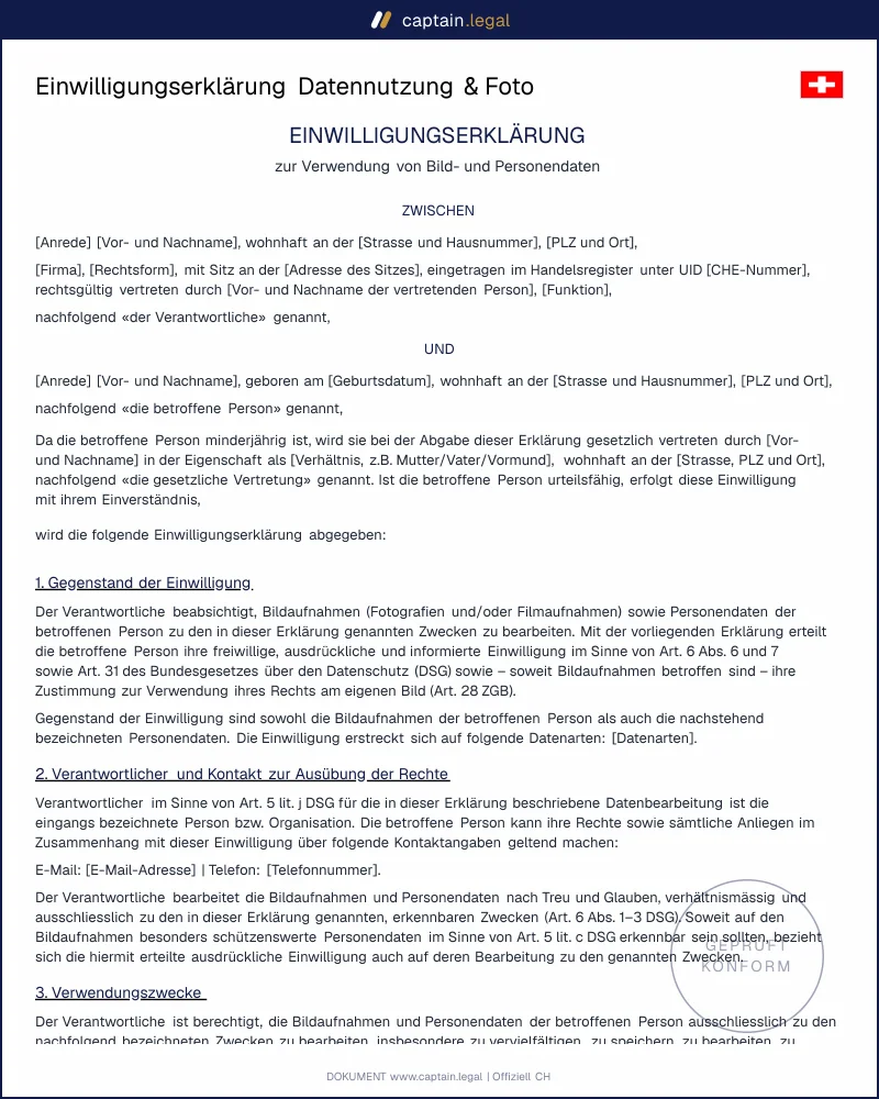 Einwilligung Foto & Datennutzung erstellen | DSG-konform CH
