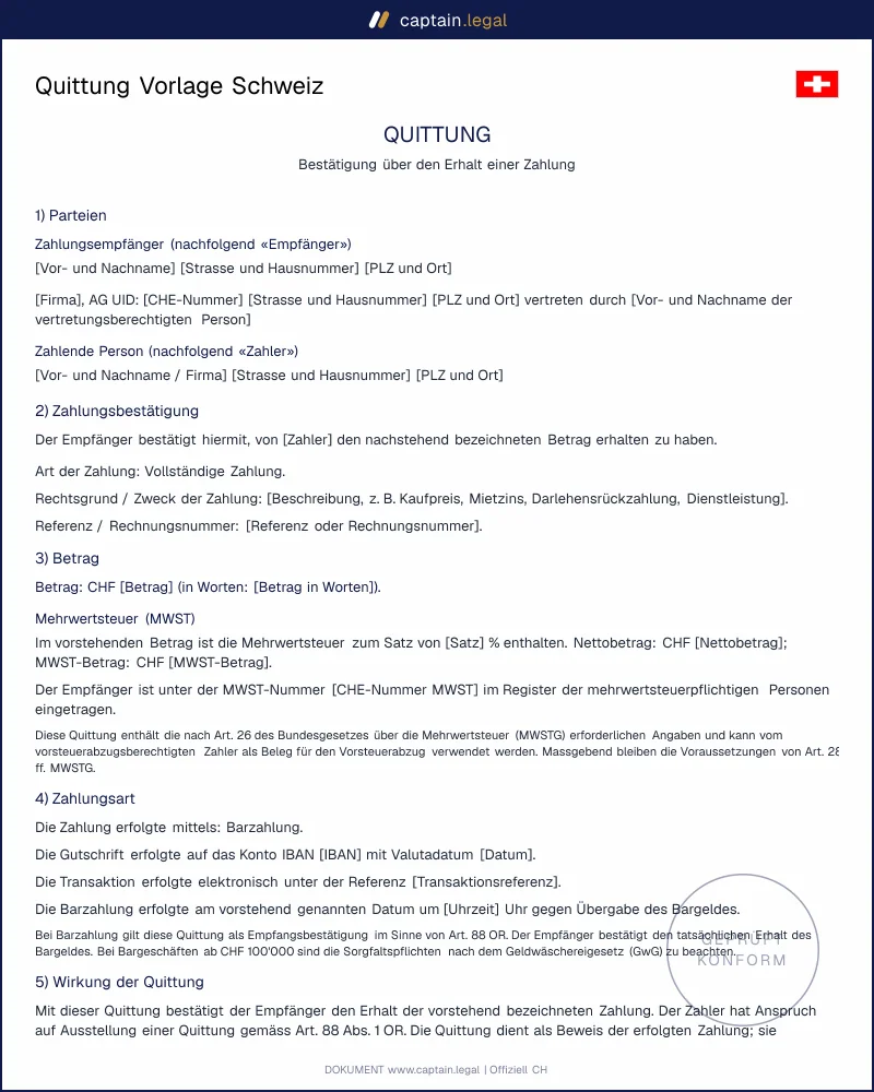Quittung erstellen Schweiz | Vorlage nach Art. 88 OR