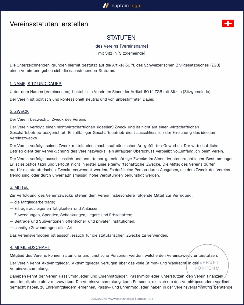 Musterstatuten Verein Schweiz | unterschriftsreif als PDF/Word