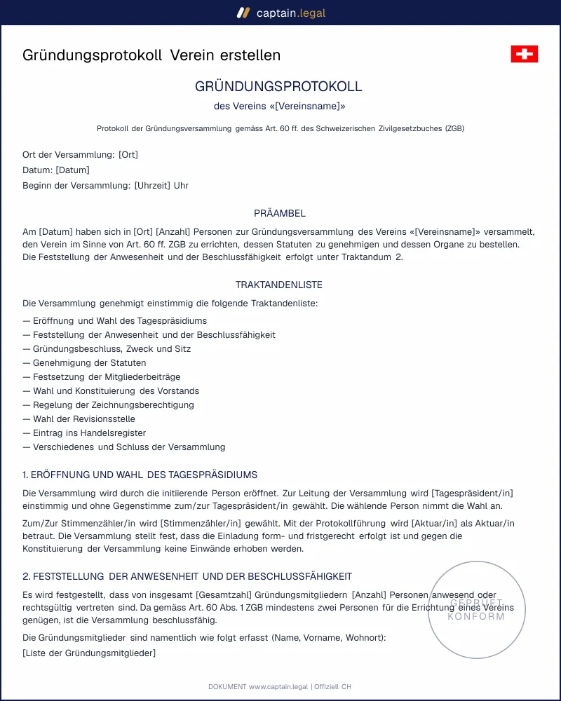 Gründungsprotokoll Verein Schweiz: rechtssichere Vorlage