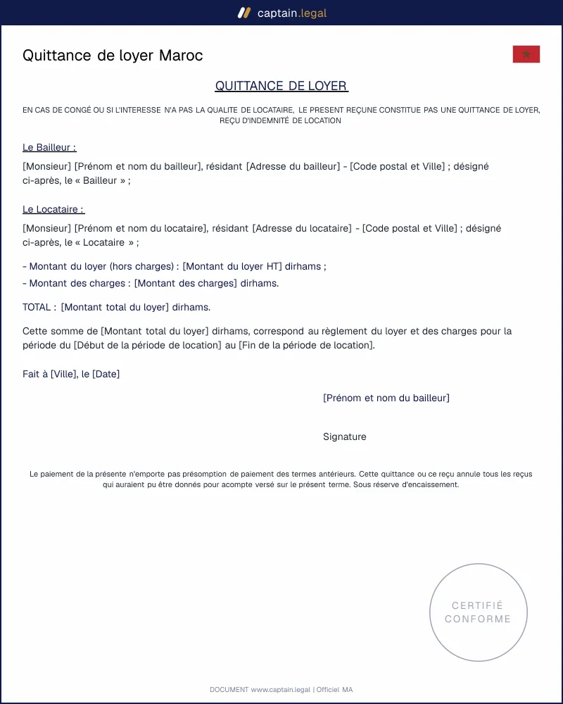 Modèle de quittance de loyer Maroc - Word et PDF