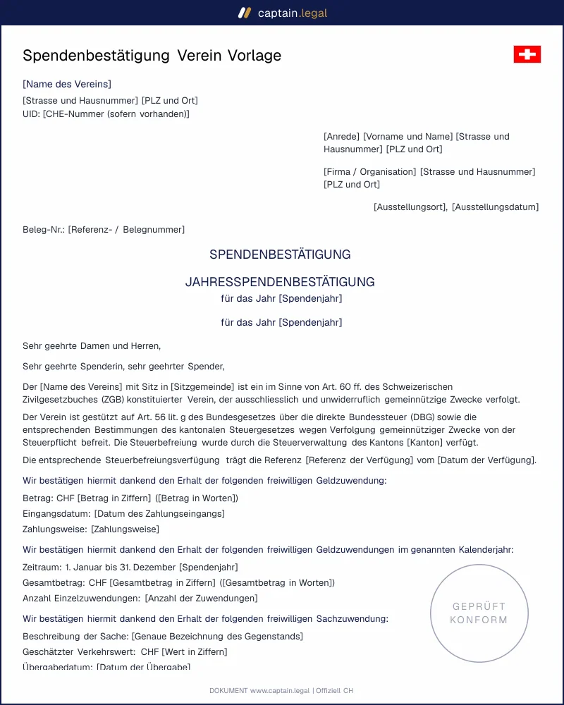 Spendenbestätigung Verein nach Art. 33a DBG | Vorlage CH