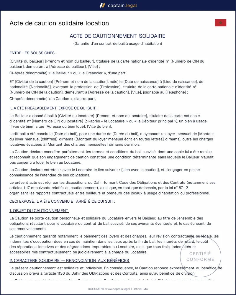 Acte de caution solidaire Maroc : modèle conforme au D.O.C.