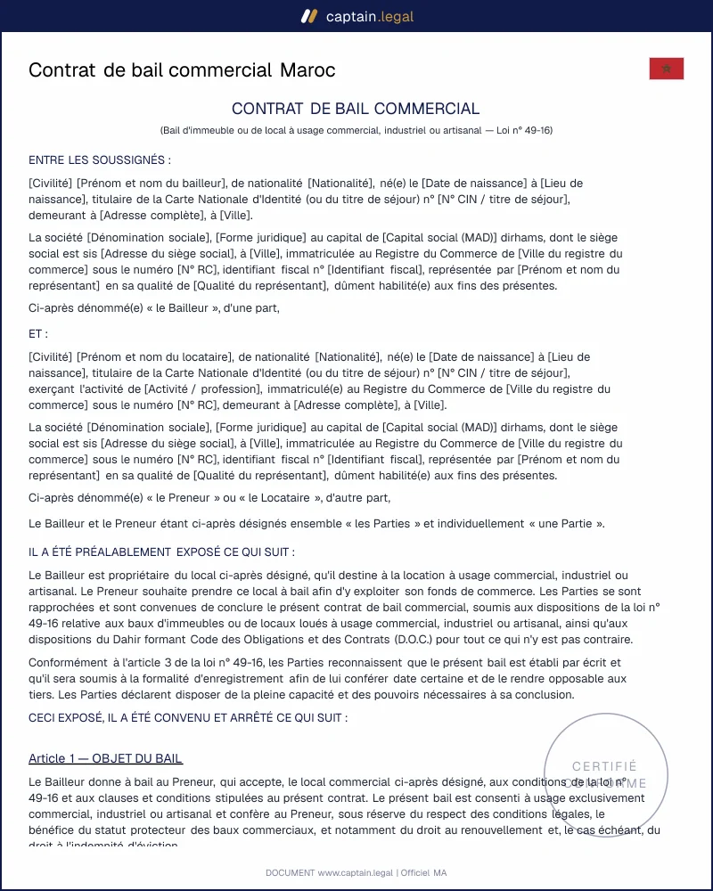Contrat de bail commercial Maroc (loi 49-16) à télécharger