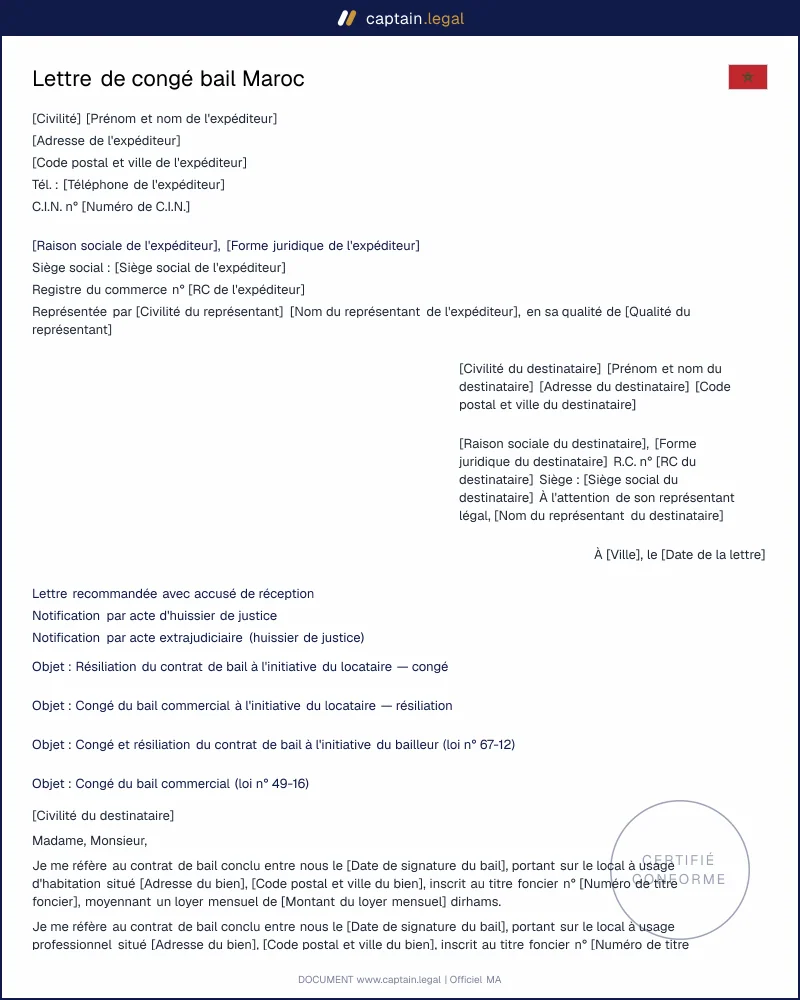 Lettre de résiliation de bail au Maroc (locataire et bailleur)