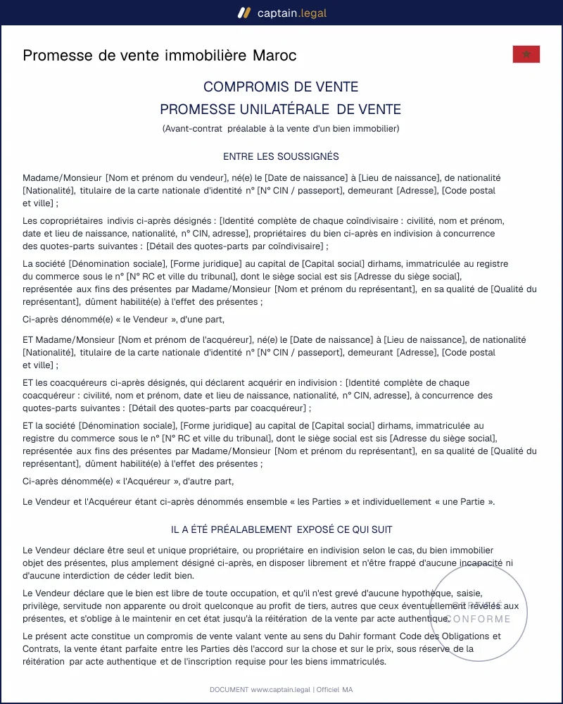 Promesse de vente immobilière Maroc conforme loi 41-24