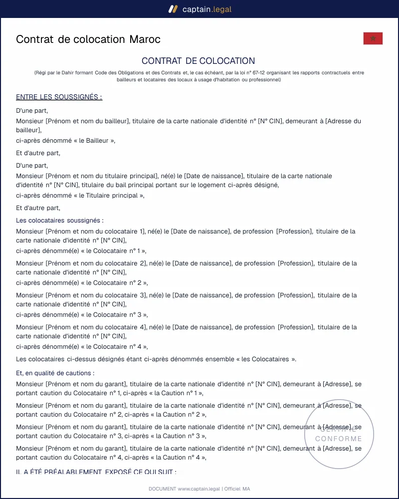 Contrat de colocation Maroc conforme loi 67-12 et DOC