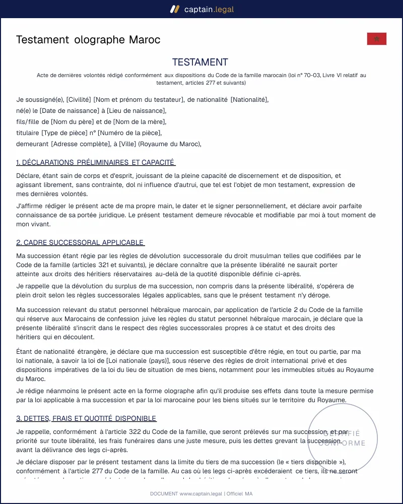 Testament olographe Maroc : articles 277 à 322 Moudawana