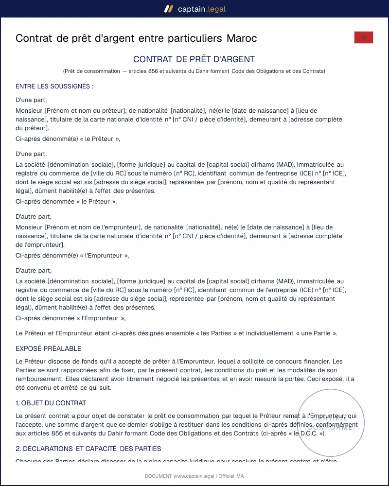 Contrat de prêt d'argent Maroc conforme au DOC
