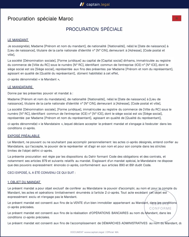 Procuration spéciale Maroc : art. 890 et 894 du DOC
