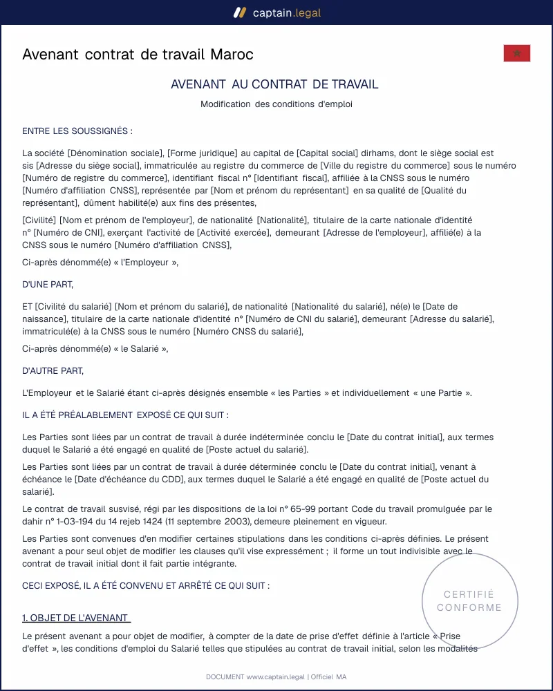 Avenant contrat de travail Maroc : loi 65-99 et DOC