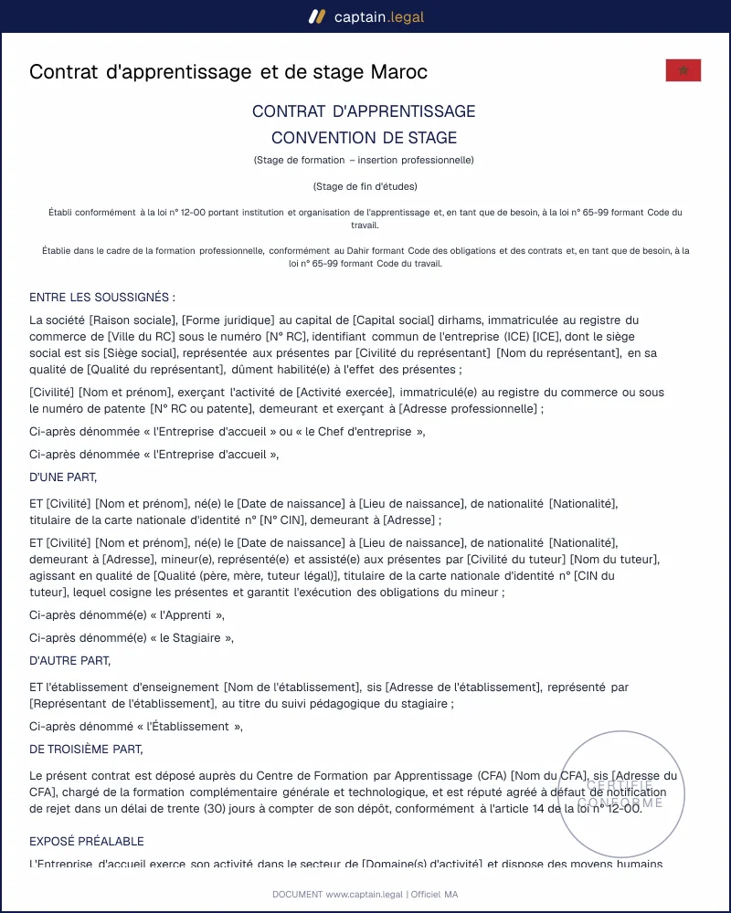 Contrat d'apprentissage Maroc loi 12-00 : modèle PDF et Word