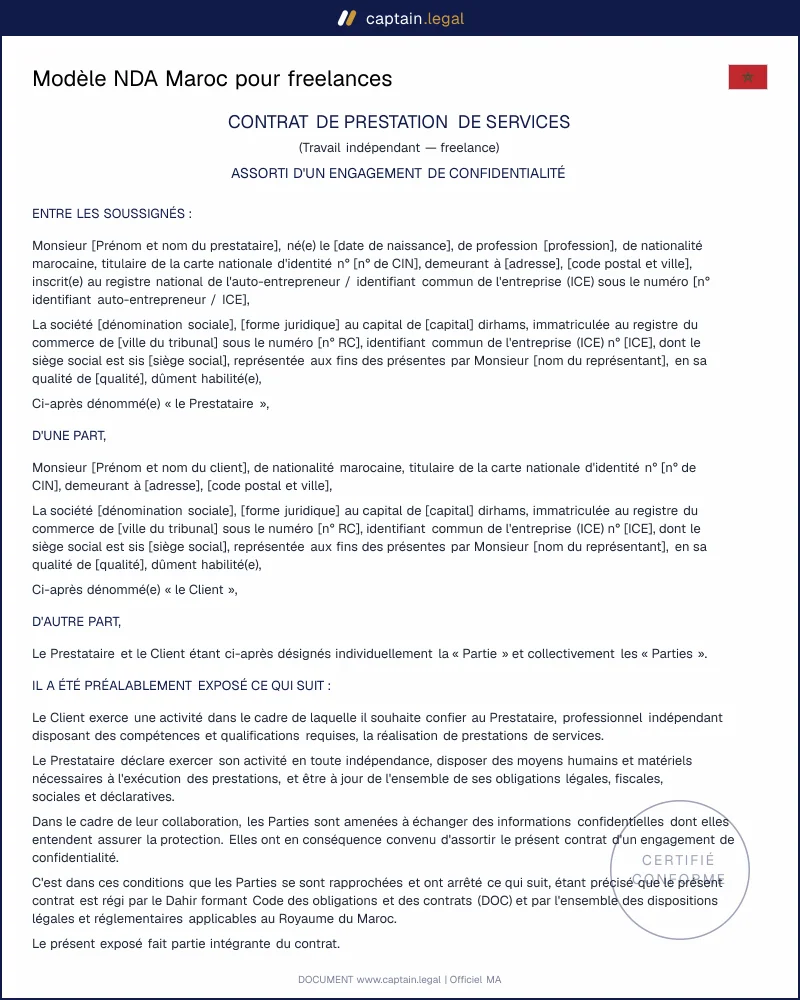 Accord de confidentialité NDA conforme au DOC marocain