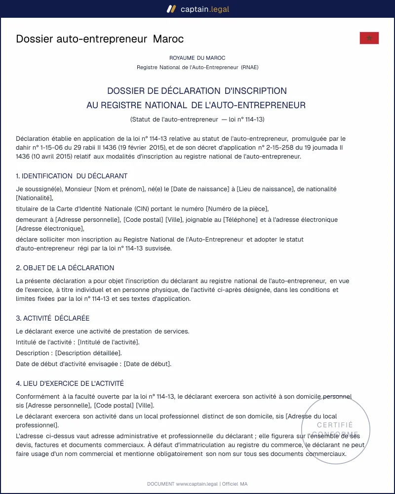 Dossier auto-entrepreneur Maroc conforme loi 114-13 et CGI