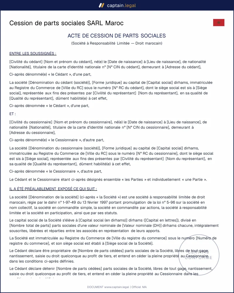 Acte de cession de parts SARL Maroc conforme loi 5-96