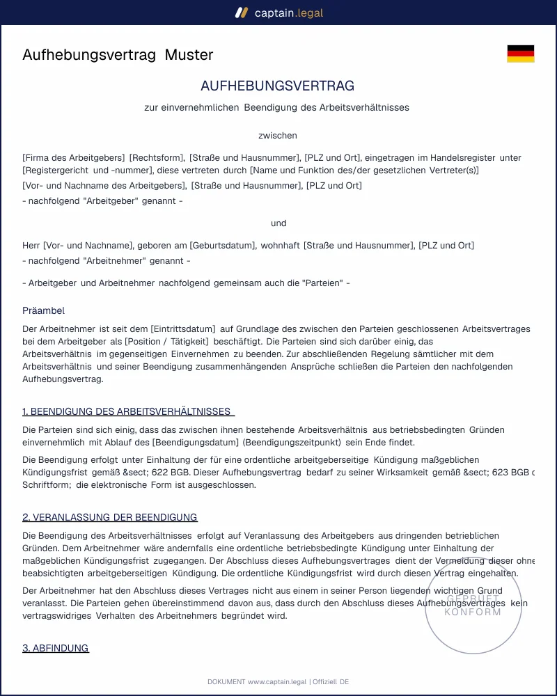 Aufhebungsvertrag nach § 623 BGB: rechtssichere Vorlage
