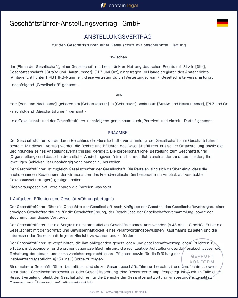Geschäftsführer-Anstellungsvertrag: Muster nach § 611 BGB