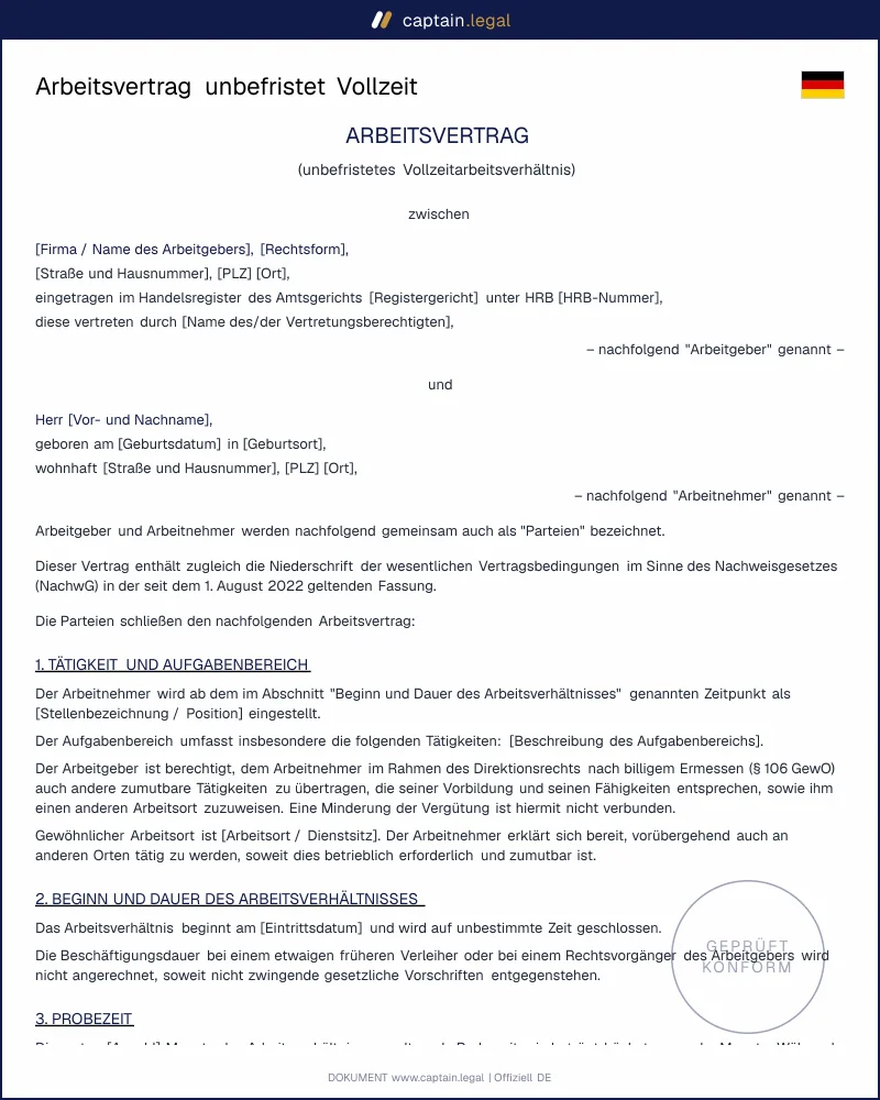 Arbeitsvertrag unbefristet: NachwG-konform | §§ 611a BGB