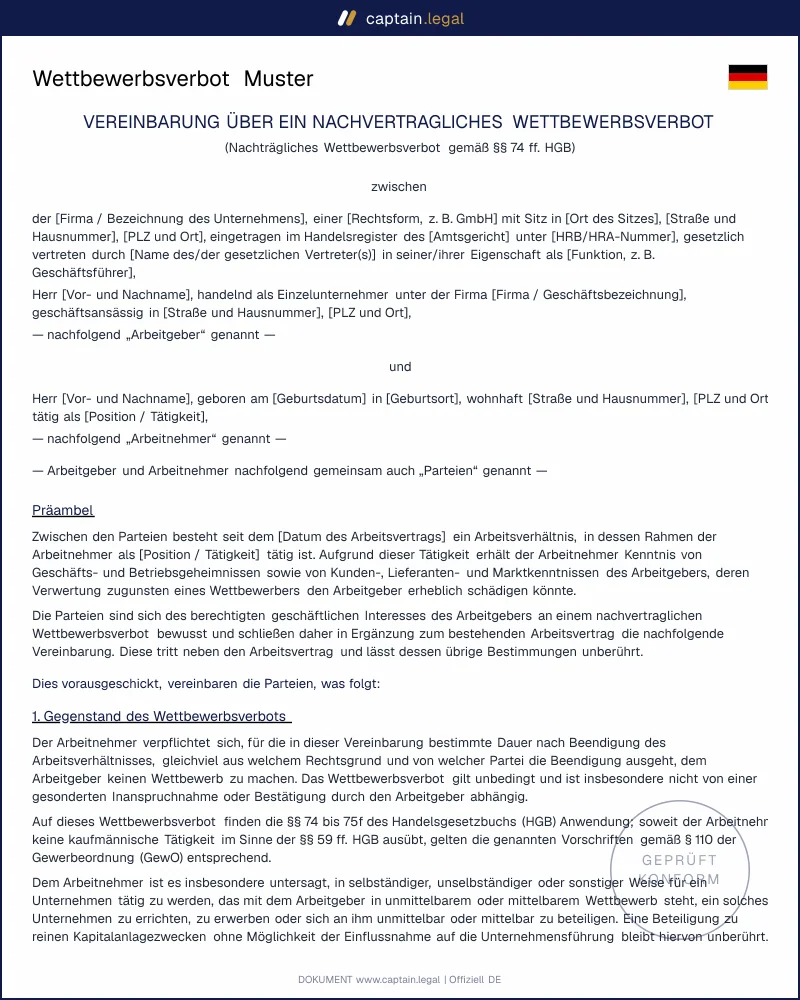 Wettbewerbsverbot nach § 74 HGB: Muster & Vorlage