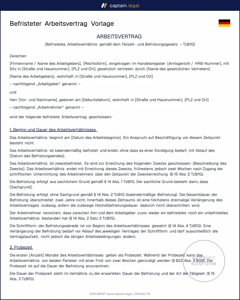 Befristeter Arbeitsvertrag nach § 14 TzBfG | Muster Vorlage