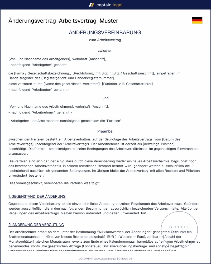 Änderungsvertrag Arbeitsvertrag nach § 311 BGB & NachwG