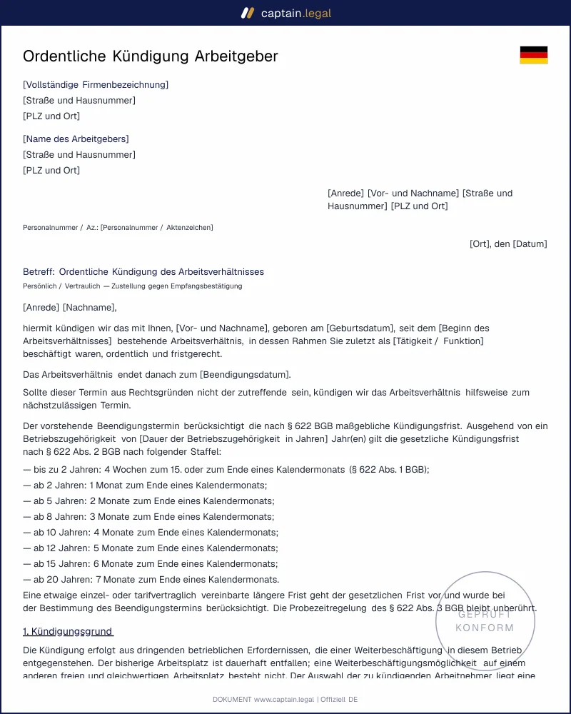 Ordentliche Kündigung § 622 BGB: Vorlage Arbeitgeber