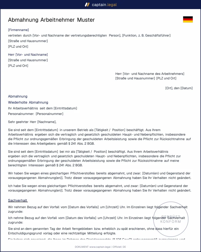 Abmahnung Muster nach § 314 BGB | Vorlage zum Ausfüllen