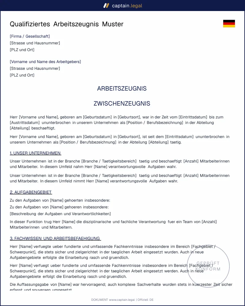 Qualifiziertes Arbeitszeugnis nach § 109 GewO: Endzeugnis Muster