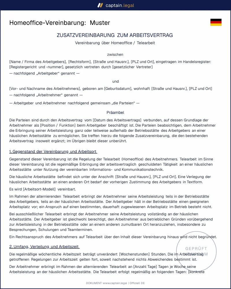 Homeoffice-Vereinbarung: Muster nach § 2 ArbStättV