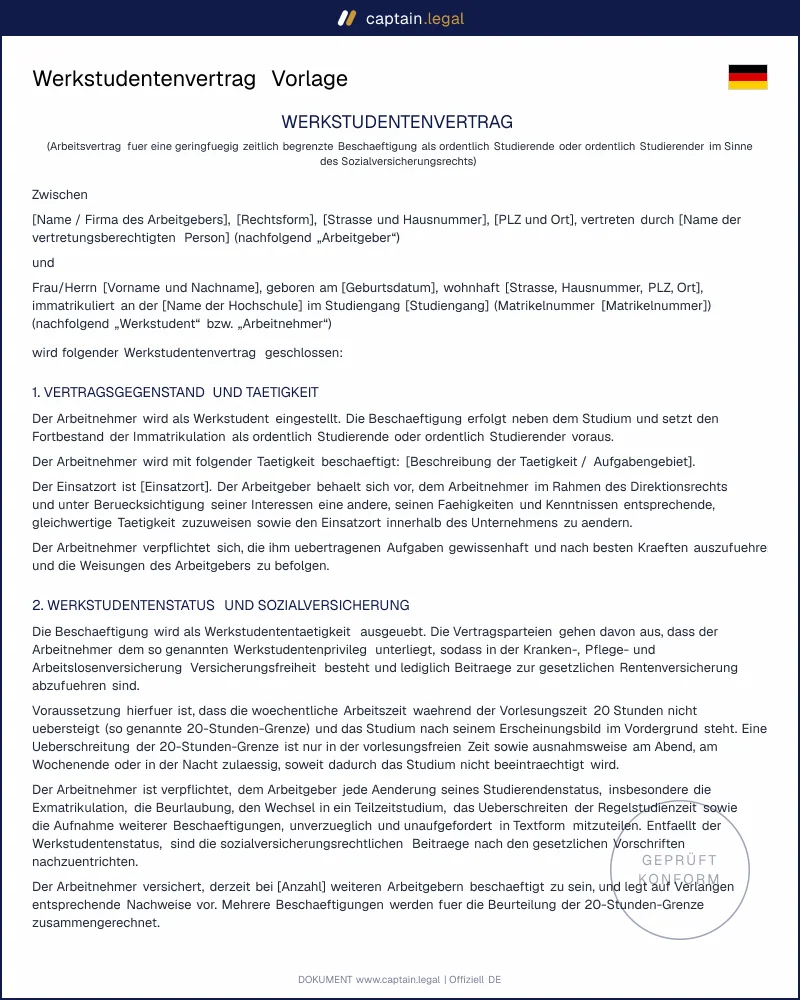 Werkstudentenvertrag Muster nach § 6 SGB V & TzBfG