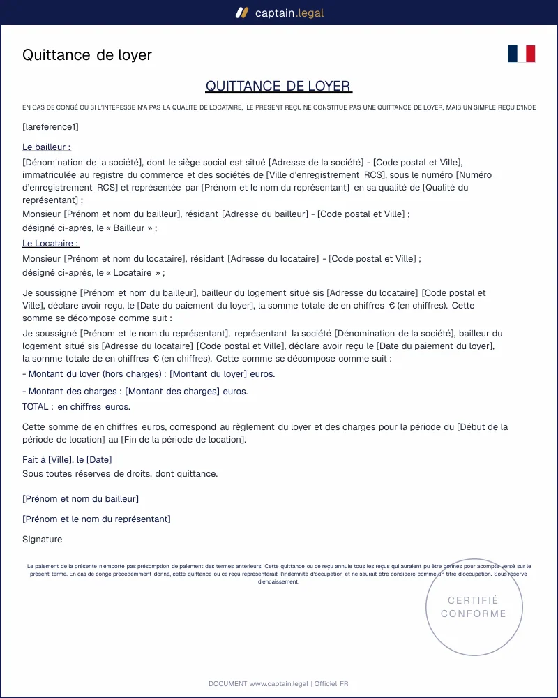 Quittance de loyer - Modèle Word et PDF