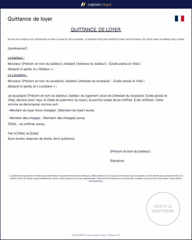 Quittance de loyer - Modèle Word et PDF