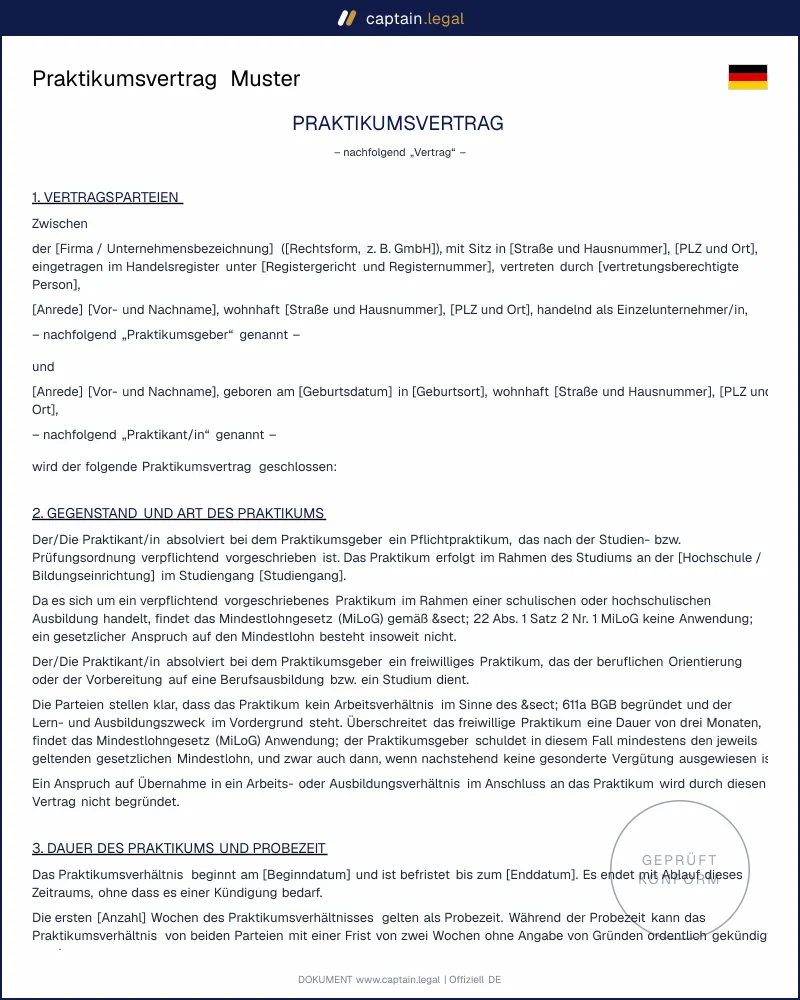 Praktikumsvertrag Vorlage nach § 26 BBiG & MiLoG
