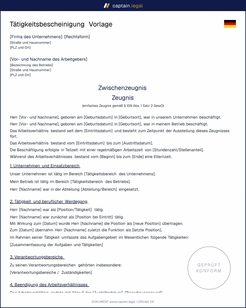 Tätigkeitsbescheinigung nach § 109 GewO: rechtssicher