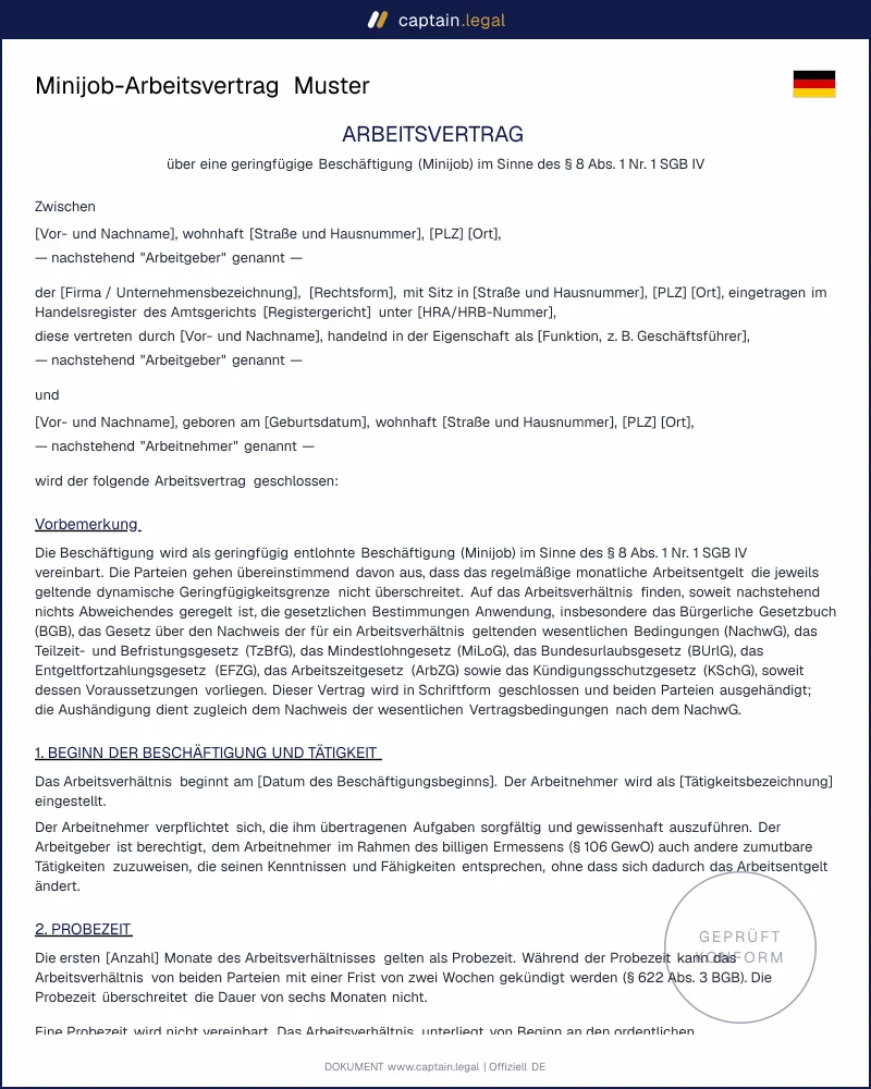 Minijob-Arbeitsvertrag nach § 8 SGB IV: Vorlage
