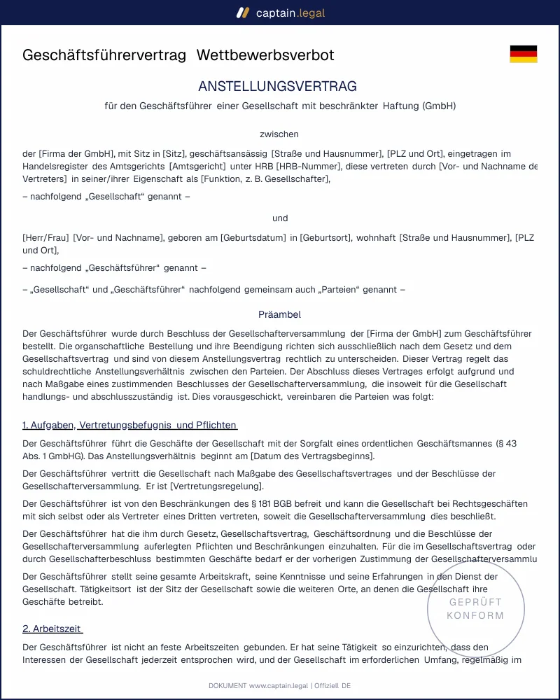 Geschäftsführervertrag GmbH § 611 BGB | Vorlage