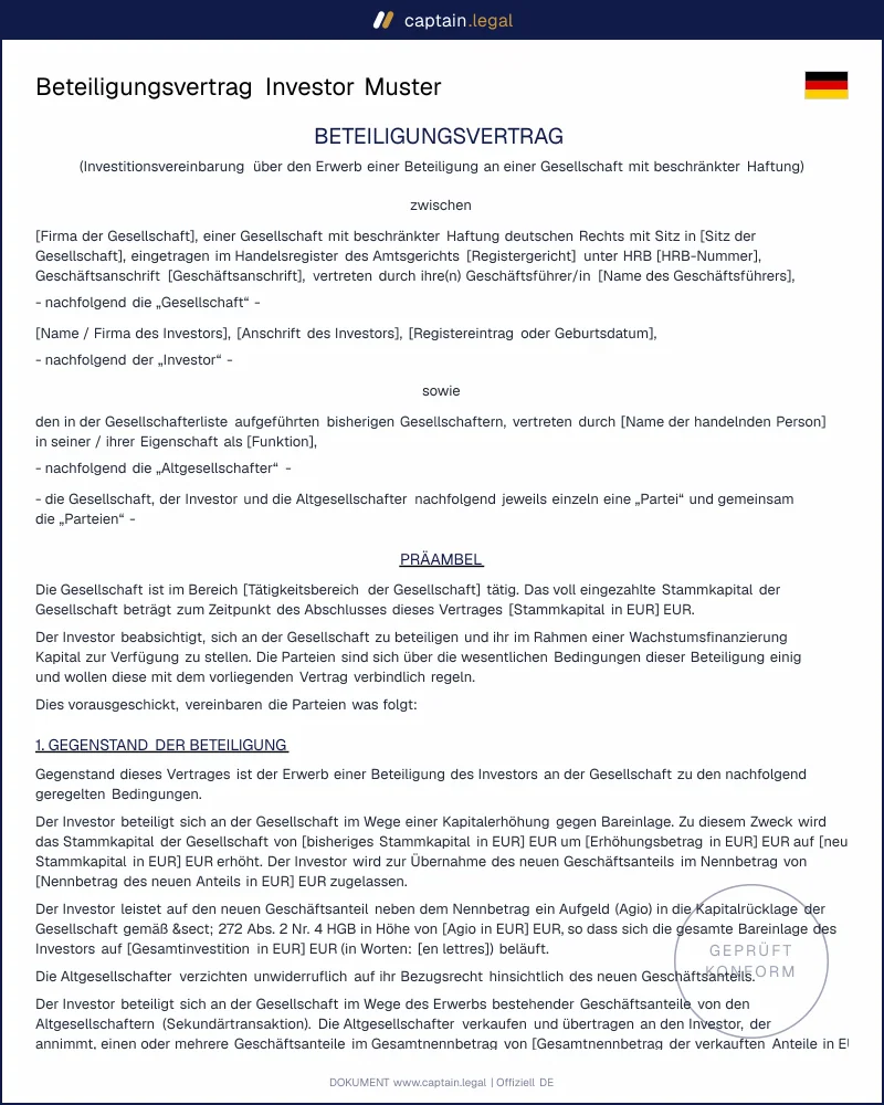 Beteiligungsvertrag GmbH Vorlage | §§ 15, 55 GmbHG