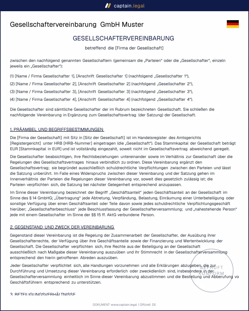 Gesellschaftervereinbarung GmbH nach § 15 GmbHG | Muster
