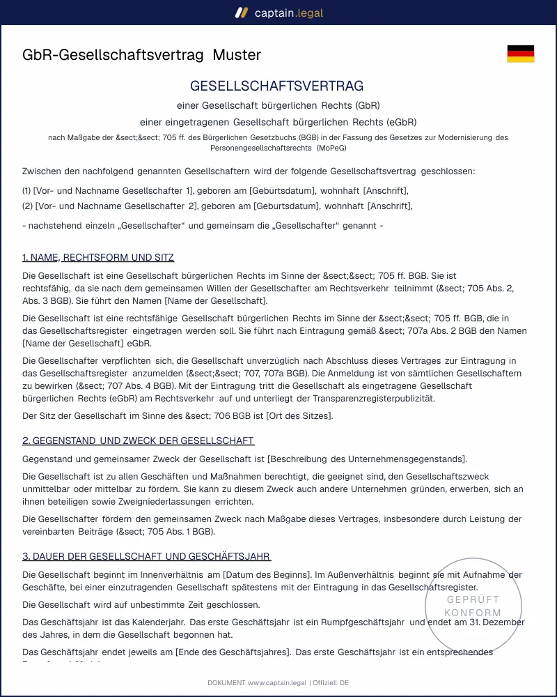GbR-Gesellschaftsvertrag nach §§ 705 ff. BGB & MoPeG