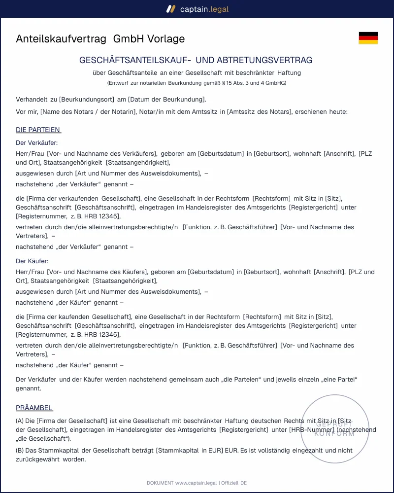 Anteilskaufvertrag GmbH § 15 GmbHG | Muster vom Profi