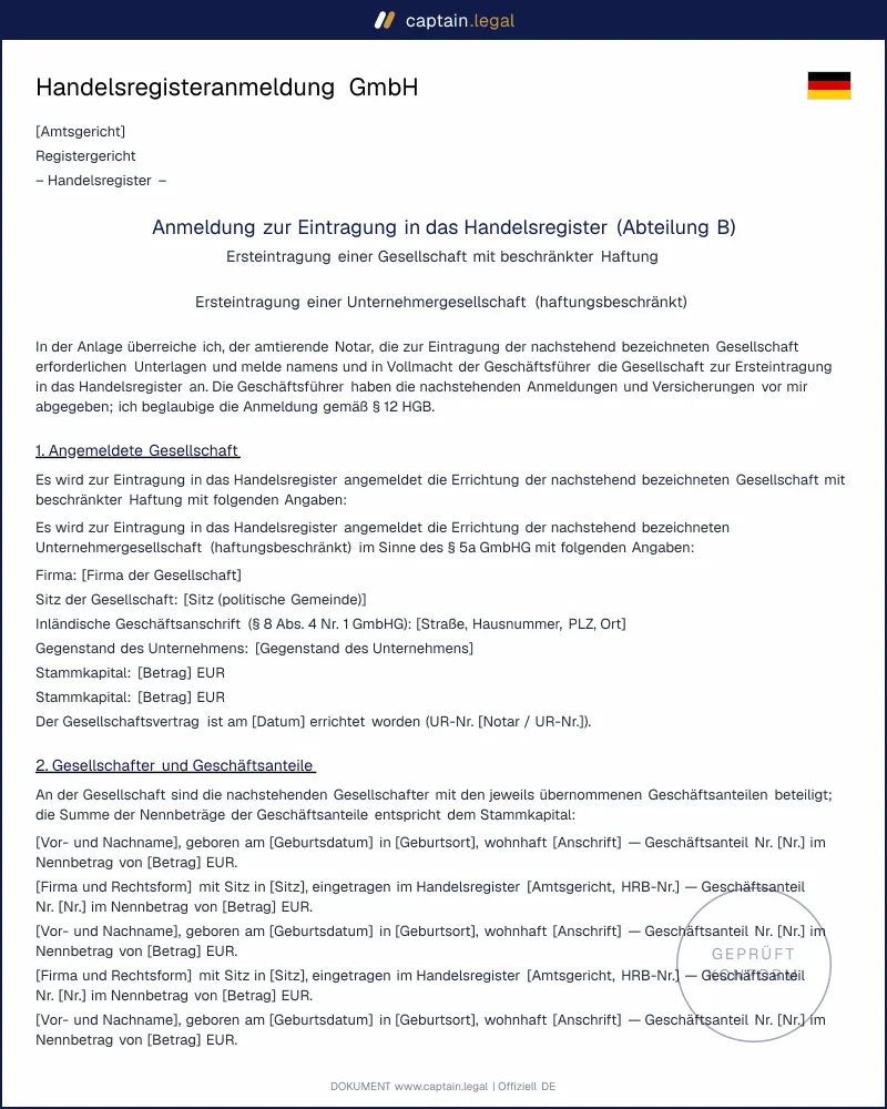 Handelsregisteranmeldung GmbH nach §§ 7, 8 GmbHG